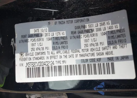 2013 Mazda Cx-9 Touring z USA, uszkodzony, nr VIN JM3TB2CV0D0402124